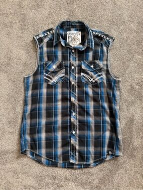 Surplus Brand Men’s Plaid Sleeveless Western Shirt Blue Black Size M Grunge